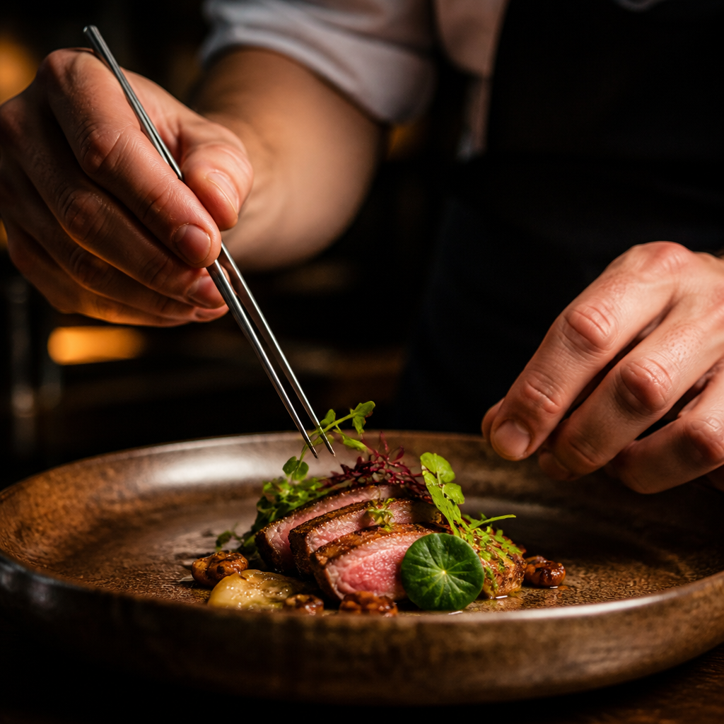 Close-up of a cook's hands plating a dish