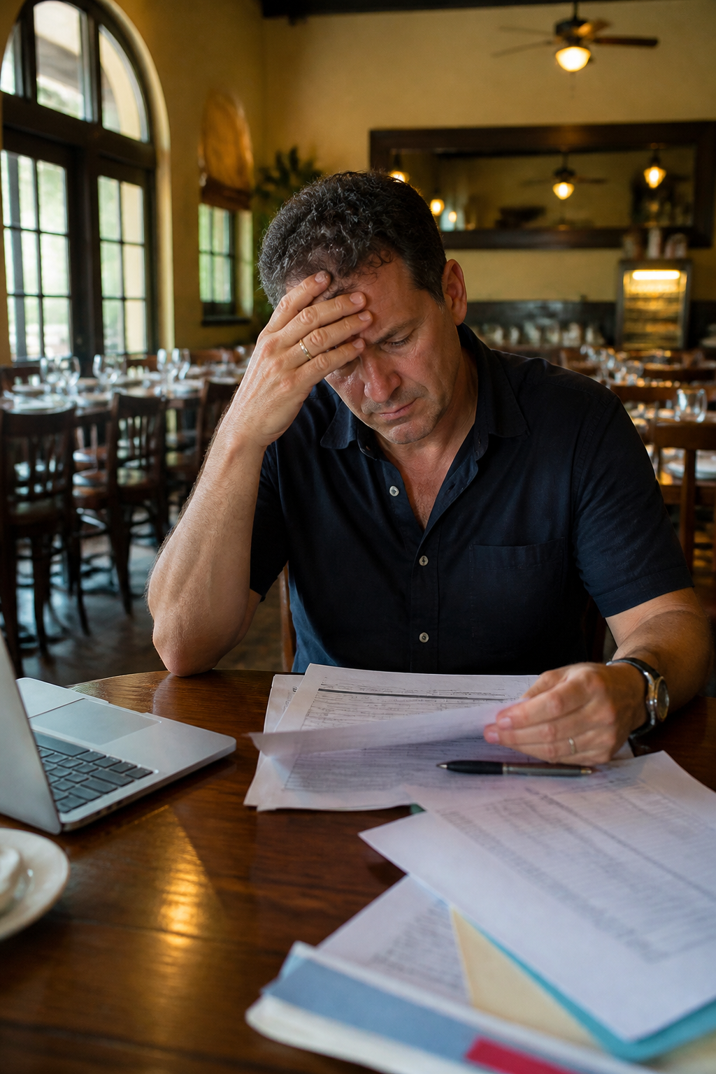 A restaurant owner sitting alone in his dining room surrounded by paperwork during a quiet daytime moment