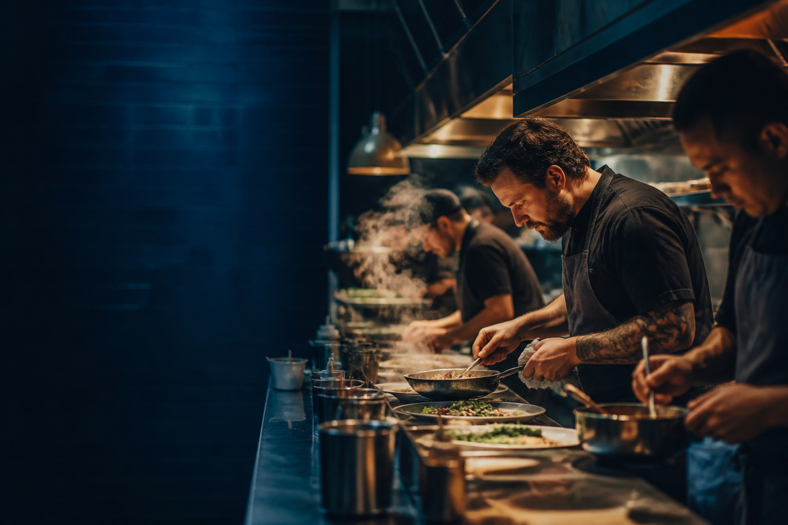 A busy restaurant kitchen team working mid-service
