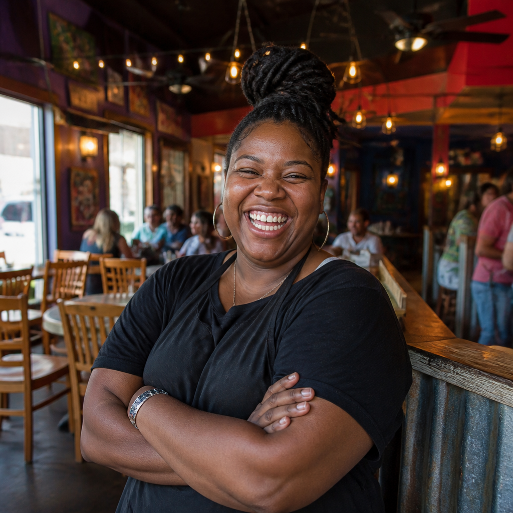 Danielle Osei, GM of The Copper Skillet, laughing with arms crossed inside a lively New Orleans soul food restaurant