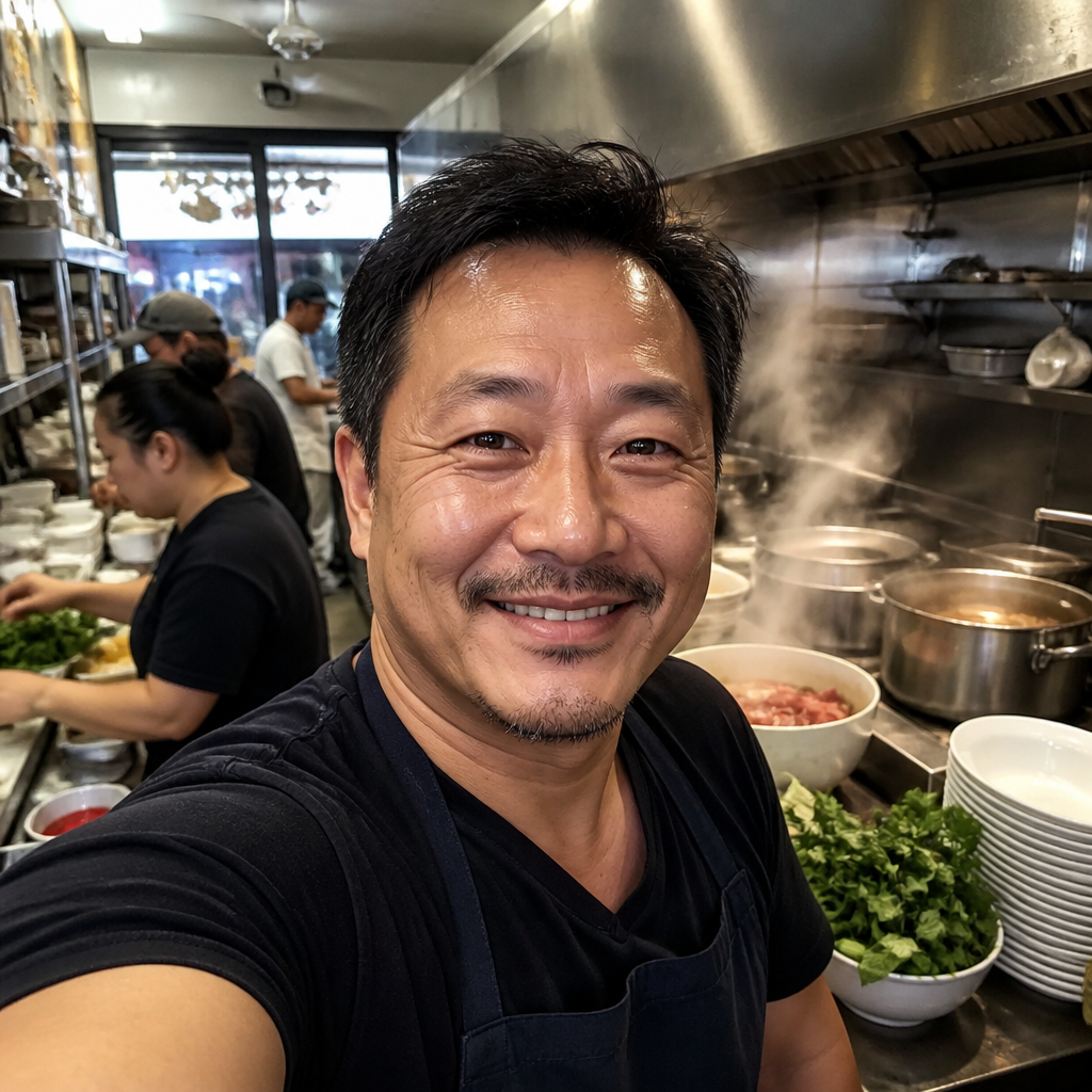 Tommy Nguyen, owner of Pho Saigon Kitchen, taking a candid selfie inside his pho kitchen