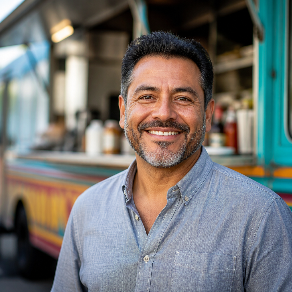 Marco Rivera, owner of Rivera's Taqueria, smiling in front of his taco truck