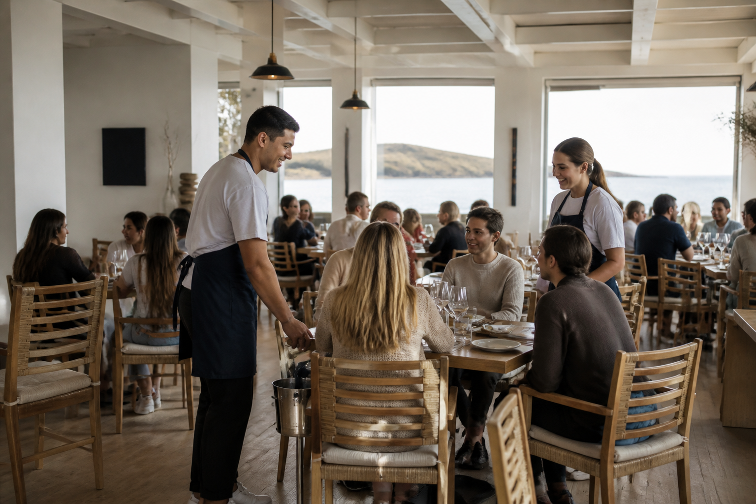 A modern coastal restaurant dining room with servers chatting with guests